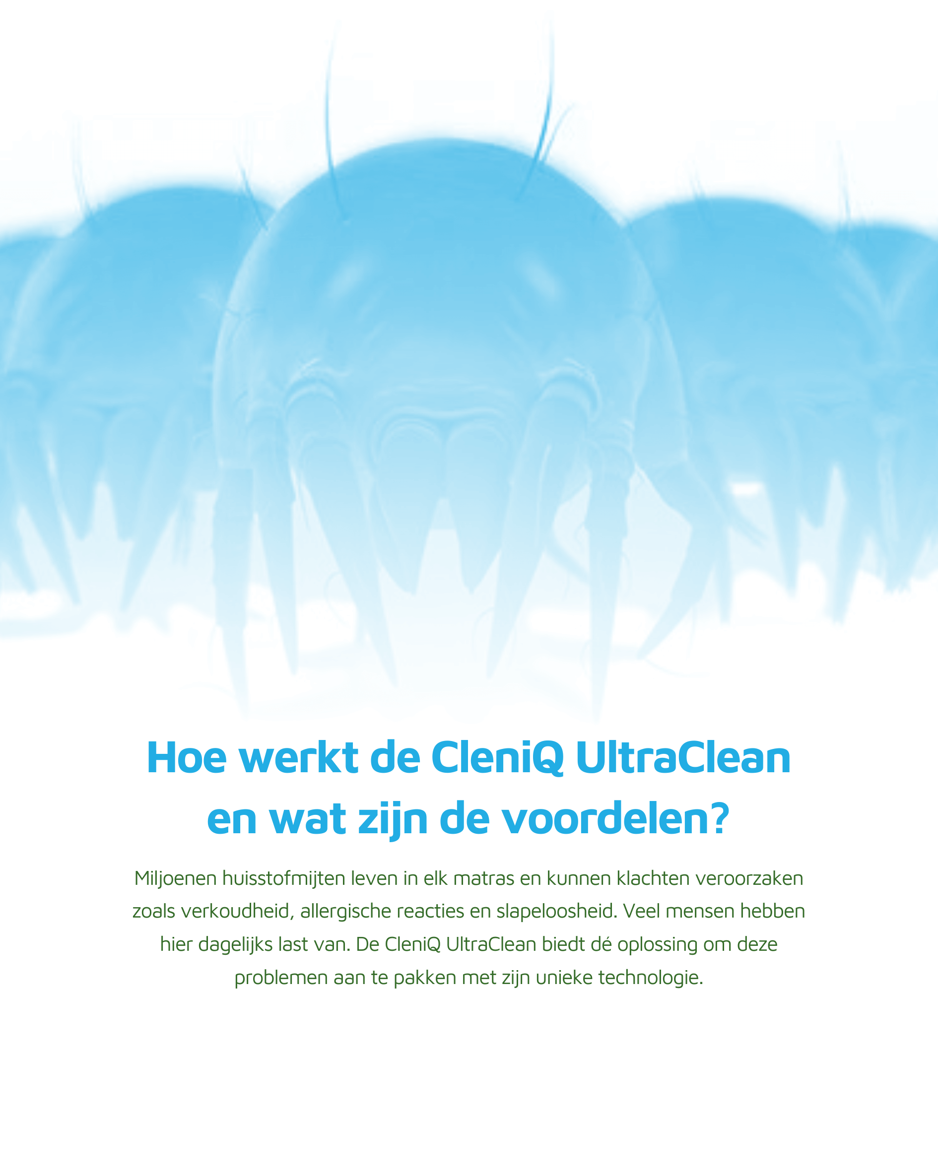 Illustratie van huisstofmijten op de voorgrond, met tekst hoe de CleniQ UltraClean Anti-Huisstofmijt Reiniger werkt en de voordelen.